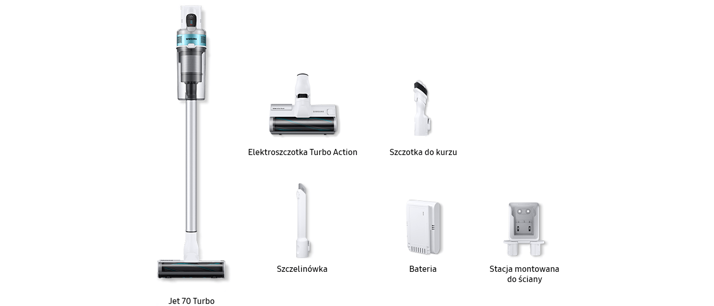 Na zdjęciu widzimy elementy, które otrzymujesz kupując w Media Expert odkurzacz Samsung VS15T7031R1/GE, czyli odkurzacz bezprzewodowy, elektroszczotkę Turbo Action, szczotkę do kurzu, szczelinówkę, baterię oraz stację montowaną do ściany