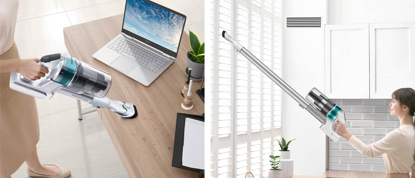 kolaż zdjęć obrazujący biało-srebrny odkurzacz bezprzewodowy Samsung Jet 70 turbo sprzątający żaluzje, biurko czy podłogę przy szafkach
