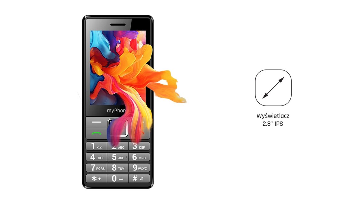 Telefon myPhone 7340 LTE z kolorowym ekranem; obok ikona i napis: Wyświetlacz 2.8 cala IPS.