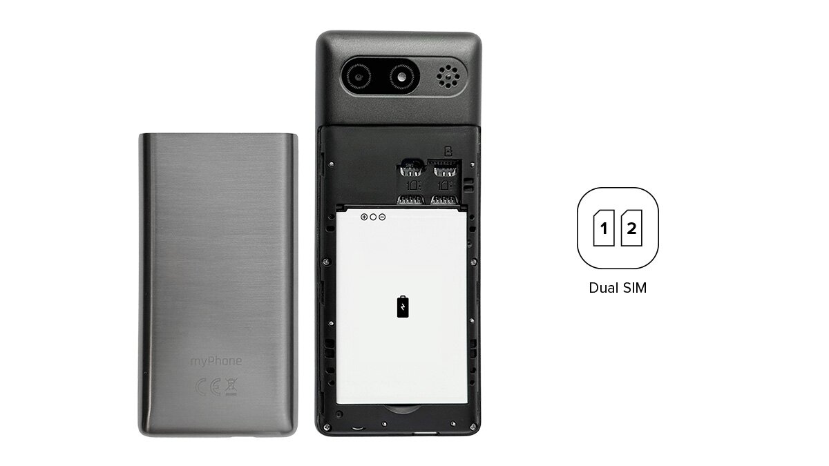 myPhone Tango 2 LTE - dwie starsze kobiety rozmawiają przez telefon w domu i na spacerze w parku; po lewej ikona Dual SIM.