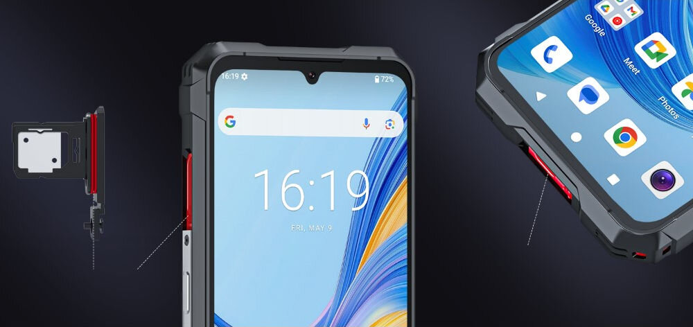 Smartfon CUBOT King Kong 11 5G 16/256GB 6.72 120Hz Czarny Zbliżenie na bok smartfona Cubot, prezentujące wysuniętą hybrydową tackę na karty SIM/microSD oraz programowalny czerwony przycisk boczny