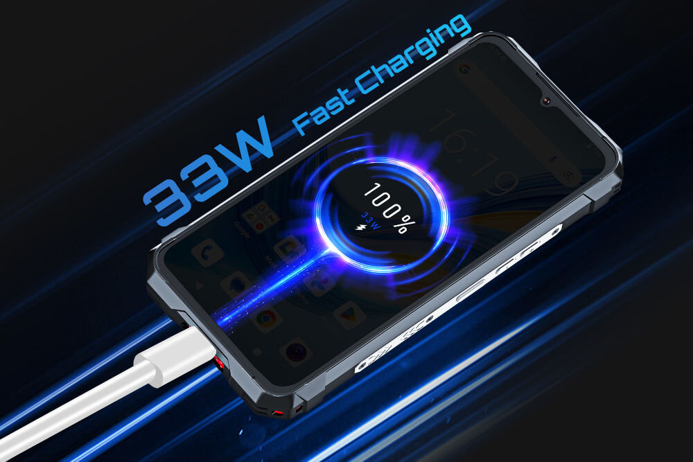 Smartfon CUBOT King Kong 11 5G 16/256GB 6.72 120Hz Czarny Wizualizacja szybkiego ładowania 33W, przedstawiająca smartfon Cubot podłączony kablem, z efektem graficznym ładowania baterii do 100% na ekranie