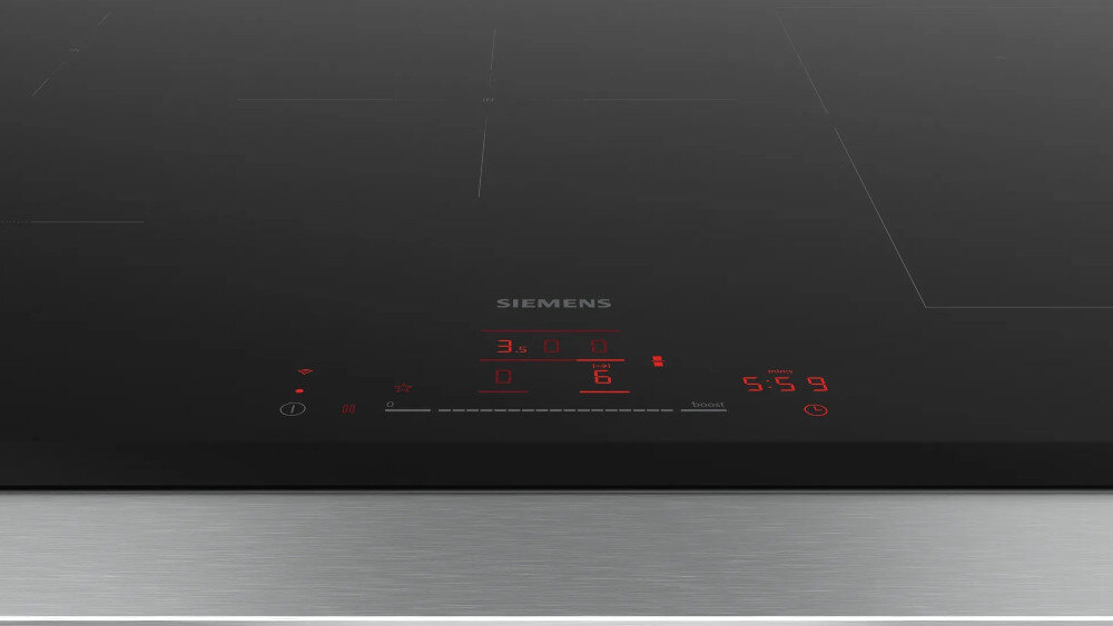 Płyta indukcyjna SIEMENS ED851HWB1E czarna płyta panel włączony sterowanie panel TouchSlider dotyk przesuwanie palcem innowacyjne sterowanie dostosowanie temperatury 9 poziomów mocy