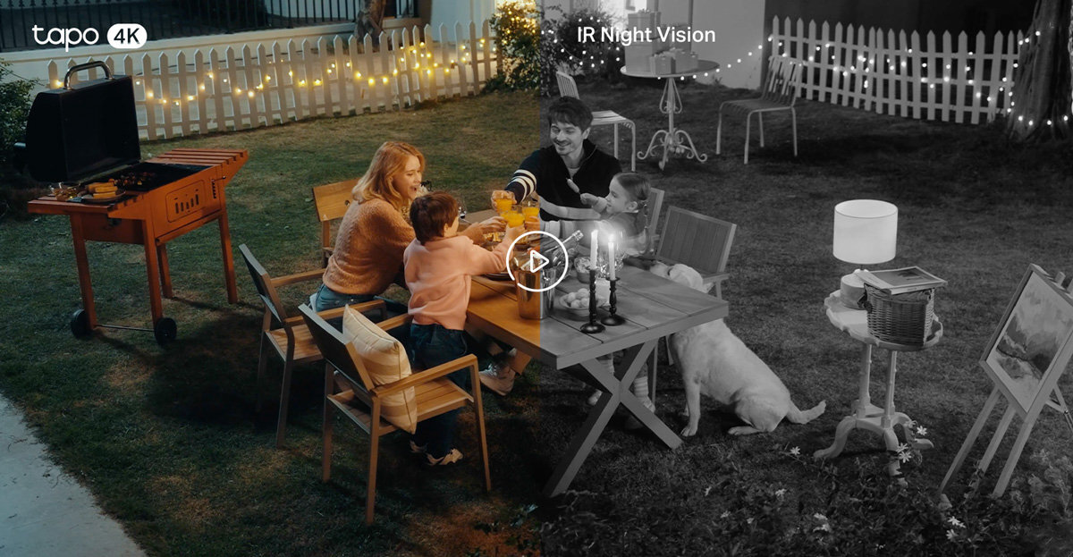 TP-LINK Tapo C560WS wbudowanymi reflektorami matrycy Starlight kolorowe detale tryb podczerwieni z zasięgiem do 30 m czarno-biały obraz tryb Smart pełen kolor po wykryciu osoby - widok w nocy kolorowy i czarnobiały