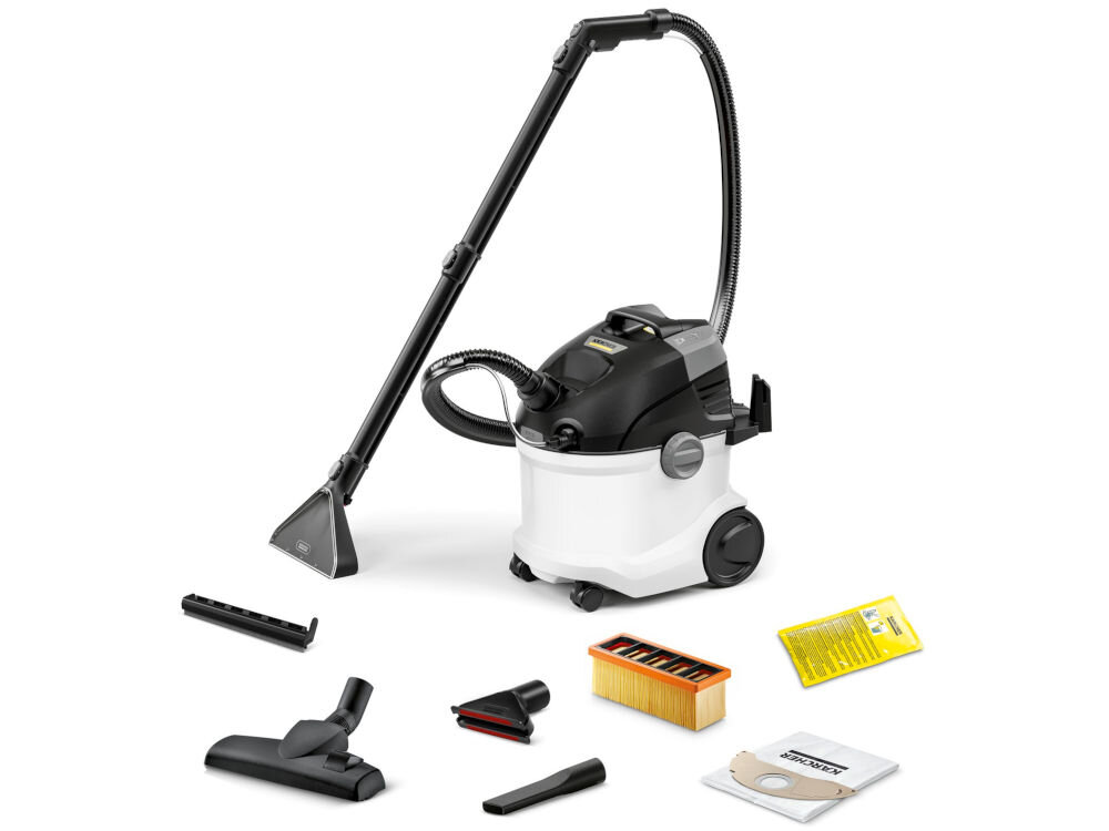 Odkurzacz piorący KARCHER SE 5 EU 1.081-230.0 dysza podłogowa dysza szczelinowa dysza do tapicerki wąż ssący rura ssąca worek na kurz płyn do prania dywanów i tapicerki płaski filtr falisty dokumentacja.