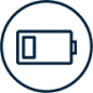Ikona przedstawia symbol baterii w okręgu, w kolorze ciemnoniebieskim.