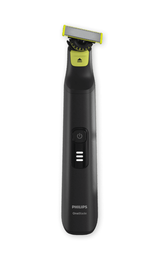 Czarny trymer z zielonymi akcentami, posiada przycisk zasilania i wskaźnik LED. Na obudowie widoczny jest napis \'PHILIPS OneBlade\'.
