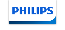 Logo z napisem PHILIPS w niebieskim kolorze na białym tle z czarną ramką u dołu.