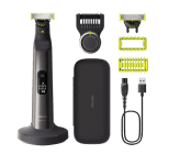 Na obrazie znajduje się trymer z wymiennymi nasadkami, etui, kablem USB i podstawą. Produkt ma czarny kolor z zielonymi akcentami.