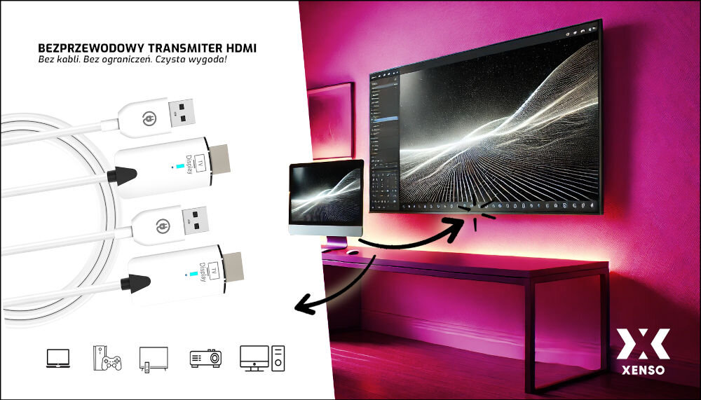 Transmiter HDMI XENSO HL30 - Transmisja Full HD, transmiter, monitor sotjący na stole, telewizor zawieszony na ścianie