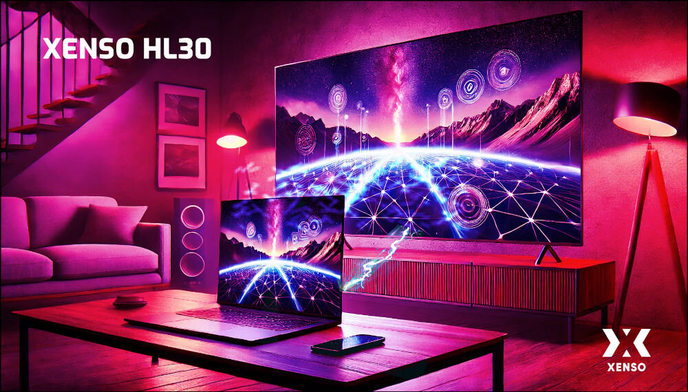 Transmiter HDMI XENSO HL30 - Stabilna transmisja obrazu, telewizor stojący na komodzie w salonie, laptop stojący na stoliku