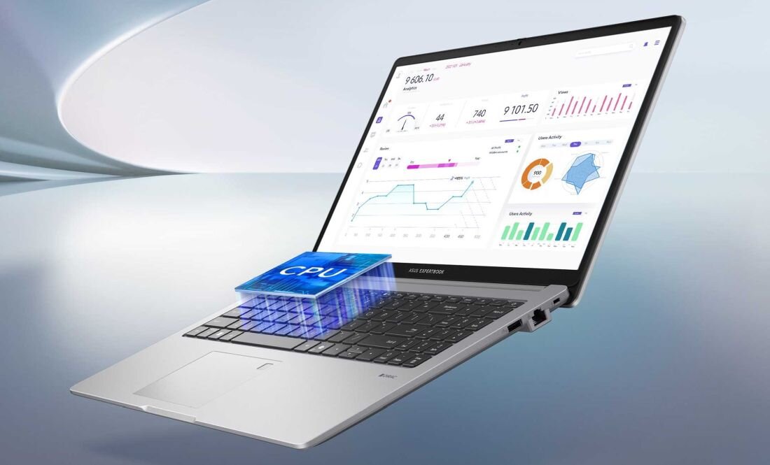 Logo procesora Intel oraz wizualizacja dysku SSD PCIe NVMe na tle laptopa ASUS ExpertBook P1
