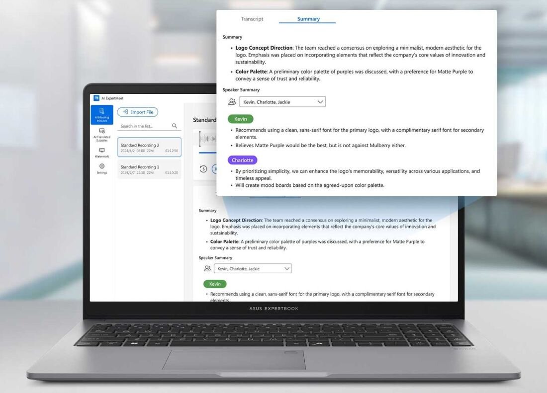 Ekran ASUS ExpertBook P1 z automatycznym podsumowaniem spotkania wygenerowanym przez AI ExpertMeet z kluczowymi punktami rozmowy