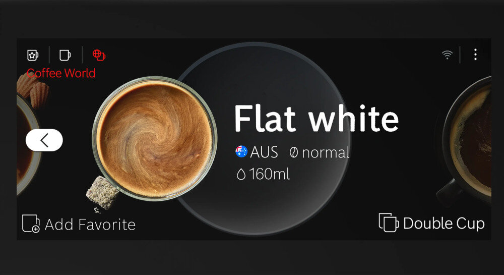 Ekran wyświetla opcje przygotowania kawy \'Flat white\' z ustawieniami: AUS, normal, 160ml. Widoczne są również przyciski \'Add Favorite\' i \'Double Cup\'.