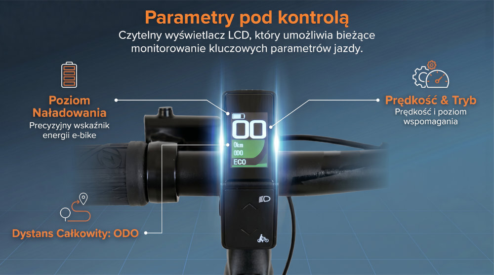 Rower elektryczny ROMET E-Modeco SUV 1.0 AN D U17 28 cali Szary zbliżenie na wyświetlacz czytelny wyświetlacz LCD bieżące monitorowanie kluczowych parametrów jazdy ułatwia planowanie tras i kontrolę nad energią