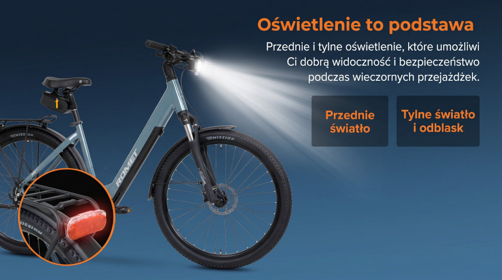 Rower elektryczny ROMET E-Modeco SUV 1.0 AN D U17 28 cali Szary zbliżenie na przednią lampę bezpieczeństwo przednie i tylne oświetlenie dobra widoczność i bezpieczeństwo na drodze wymagane przez prawo drogowe