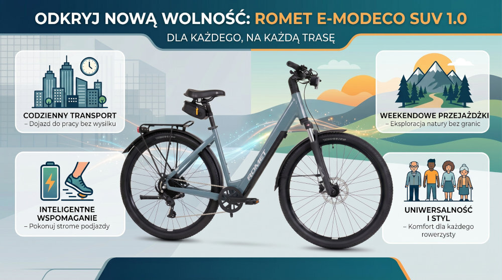 Rower elektryczny ROMET E-Modeco SUV 1.0 AN D U17 28 cali Szary rower na białym tle widoczny od przodu pod skosem uniwersalny rower elektryczny środek codziennego transportu opcja dosłownie dla każdego wymaga on również pracy mięśni nóg elektryczny układ napędowy działa tu niejako równolegle
