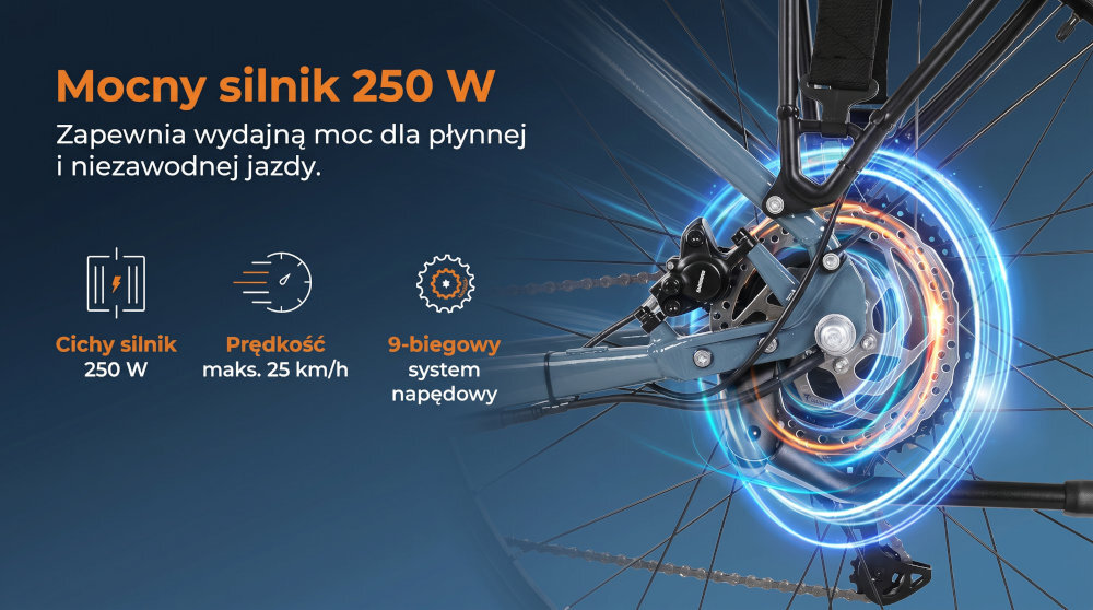 Rower elektryczny ROMET E-Modeco SUV 1.0 AN D U17 28 cali Szary zbliżenie na silnik widok z boku wytrzymały, bezszczotkowy silnik marki BAFANG M200 65 Nm silnik o mocy 250 W cicha i wydajna praca umiejscowienie w tylnej piaście