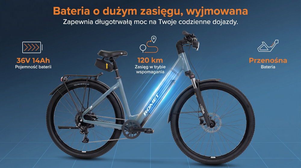 Rower elektryczny ROMET E-Modeco SUV 1.0 AN D U17 28 cali Szary zbliżenie na baterię widoczny kluczy zasięg do 120 km bateria Li-Ion o napięciu 36 V i pojemności 14 Ah (504 Wh) bateria waży około 4 kg czas ładowania około 4-8 godzin żywotność około 500 ładowań bateria w ramie w zestawie dwa kluczyki zintegrowana z konstrukcją roweru