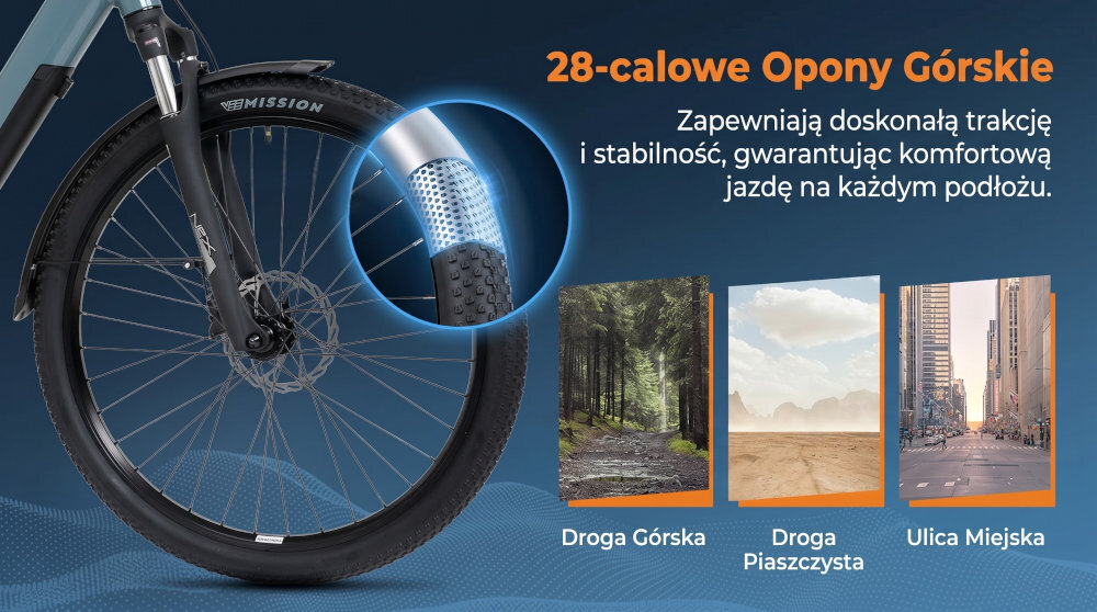 Rower elektryczny ROMET E-Modeco SUV 1.0 AN D U17 28 cali Szary zbliżenie na oponę rozmiar koła 28 cali  łatwo jest pokonać różne przeszkody szerokie opony marki VeeTire Mission dwukomorowe obręcze wykonane z aluminium stabilne trzymanie opony regularne sprawdzanie ciśnienia powietrza wartość na bocznej części opony