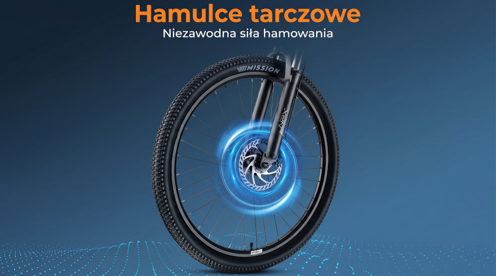 Rower elektryczny ROMET E-Modeco SUV 1.0 AN D U17 28 cali Szary zbliżenie na tarczę hamulcową podstawa bezpieczeństwa hamulce tarczowe hydrauliczne duża siła hamowania płyn hamulcowy hamulce z przodu i z tyłu podwójny pakiet bezpieczeństwa