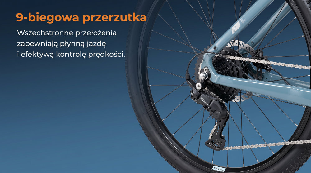 Rower elektryczny ROMET E-Modeco SUV 1.0 AN D U17 28 cali Szary zbliżenie na przerzutkę manetki SHIMANO typu CUES SL-U4010-9R 9 biegów tylna przerzutka SHIMANO CUES niewiarygodnie płynna i szybka zmiana przełożeń wytrzymałość