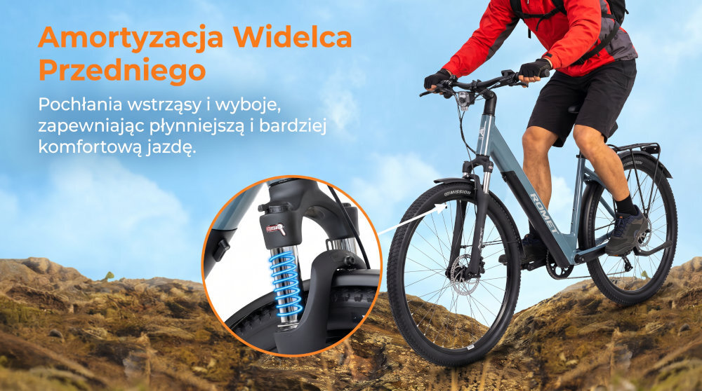 Rower elektryczny ROMET E-Modeco SUV 1.0 AN D U17 28 cali Szary zbliżenie na amortyzator widok z boku przedni amortyzator Suntour NEX E25 o skoku 75 mm tłumi nierówności konstrukcja tapered poprawia sztywność oraz precyzję prowadzenia budowa typu hardtail energia pedałowania nie jest tracona na tylne zawieszenie zwiększa efektywność jazdy