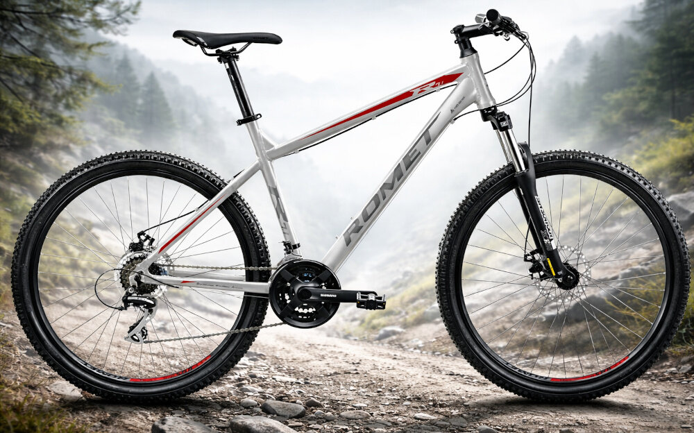 Rower górski MTB ROMET Rambler R7.1 U17 27.5 cala Srebrno-czerwono-grafitowy góry droga niebo rower widoczny bokiem środek codziennego transportu relaks pasja uniwersalność