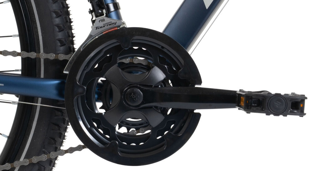 Rower górski MTB ROMET Rambler R7.1 U17 27.5 cala Granatowy zbliżenie na korbę do wszechstronnej jazdy terenowej i rekreacyjnej kaseta 8-rzędową kasetę SHIMANO stalowa korba marki CYCLONE płynna zmiana przełożeń łatwe dopasowanie siły pedałowania do warunków terenu