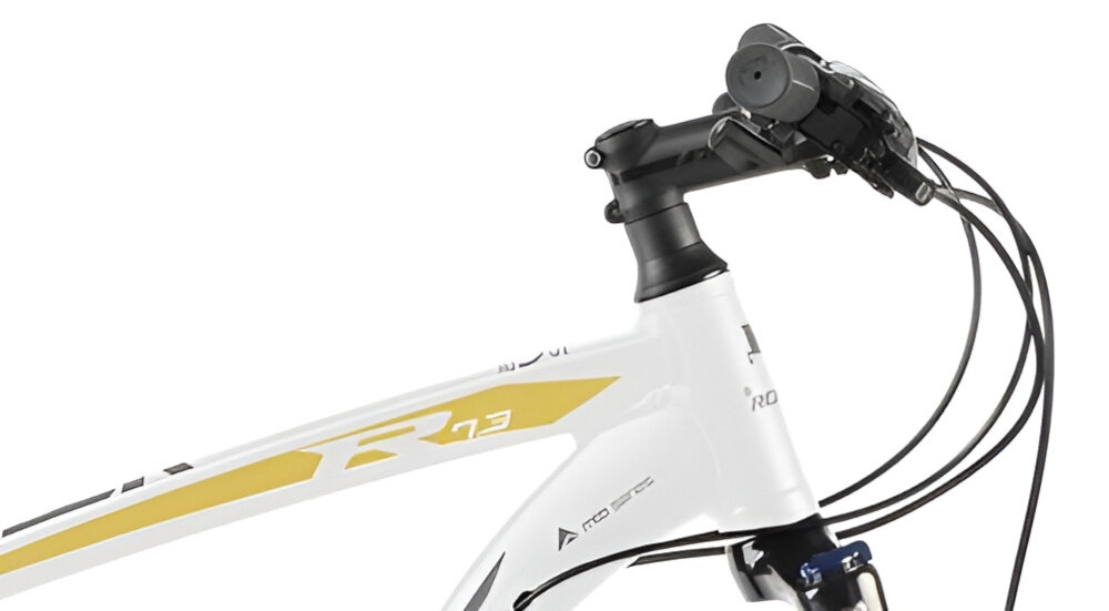 Rower górski MTB ROMET Rambler R7.3 U20 27.5 cala Biało-złoty góry droga niebo osoba jedzie na rowerze po drodze aluminiowa kierownica ROMET aluminiowy wspornik ROMET stabilność precyzja prowadzenia antypoślizgowe uchwyty kontrola nad rowerem i bezpieczeństwo waga roweru 15,6 kg