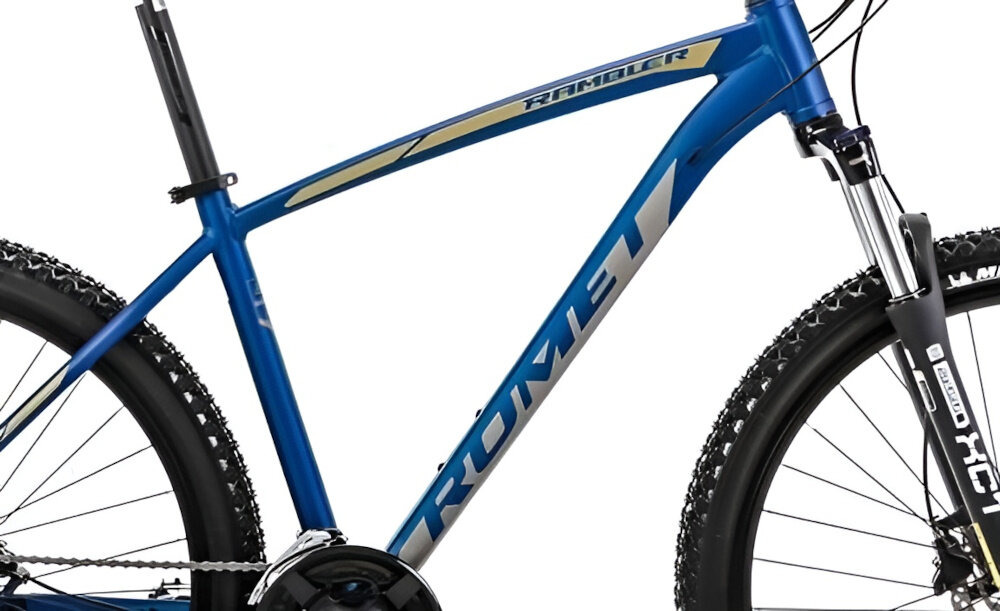 Rower górski MTB ROMET Rambler R7.3 C U20 27.5 cali Niebiesko-żółty zbliżenie na ramę białe tło 20-calowa aluminiowa ramę rower zwinny lekki łatwo go podnieść odporność na korozję wybór rozmiaru ramy Twój wzrost mierzony w zrelaksowanej pozycji typ roweru dla osób o wzroście od 170 do 180 cm