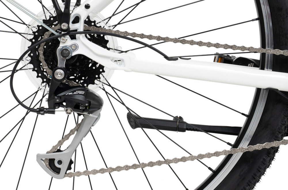 Zdjęcie przedstawia tylną część roweru z widocznym mechanizmem przerzutki i łańcuchem. Na przerzutce widoczny jest napis \'Alivio\'.