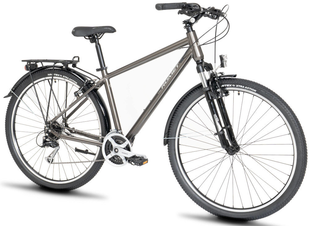 Rower trekkingowy ROMET Wagant SUV H PV B U20 28 cali Grafitowy rower na białym tle widoczny od przodu pod skosem uniwersalny jazda po asfalcie, jak i po nieutwardzonych drogach trekkingowa geometria jazda w niemęczącej, naturalnej – wyprostowanej pozycji