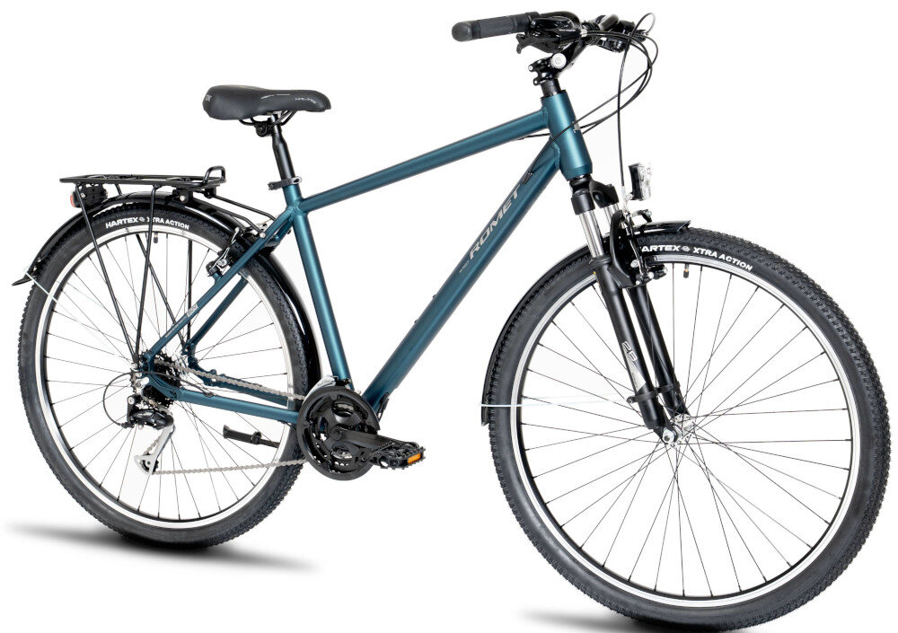 Rower trekkingowy ROMET Wagant SUV H PV B U18 28 cali Zielony rower na białym tle widoczny od przodu pod skosem uniwersalny jazda po asfalcie, jak i po nieutwardzonych drogach trekkingowa geometria jazda w niemęczącej, naturalnej – wyprostowanej pozycji