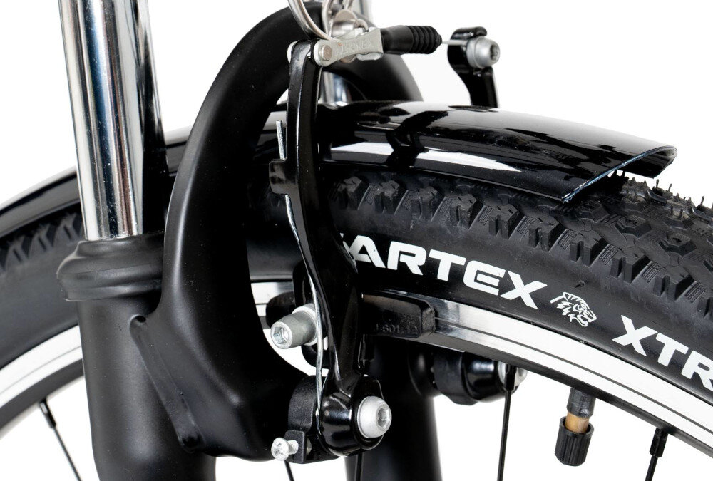 Rower trekkingowy ROMET Wagant SUV H PV B U18 28 cali Zielony zbliżenie na przedni hamulec podstawa bezpieczeństwa hamulce V-Brake lekkie duża siła hamowania hamulce z przodu i z tyłu podwójny pakiet bezpieczeństwa