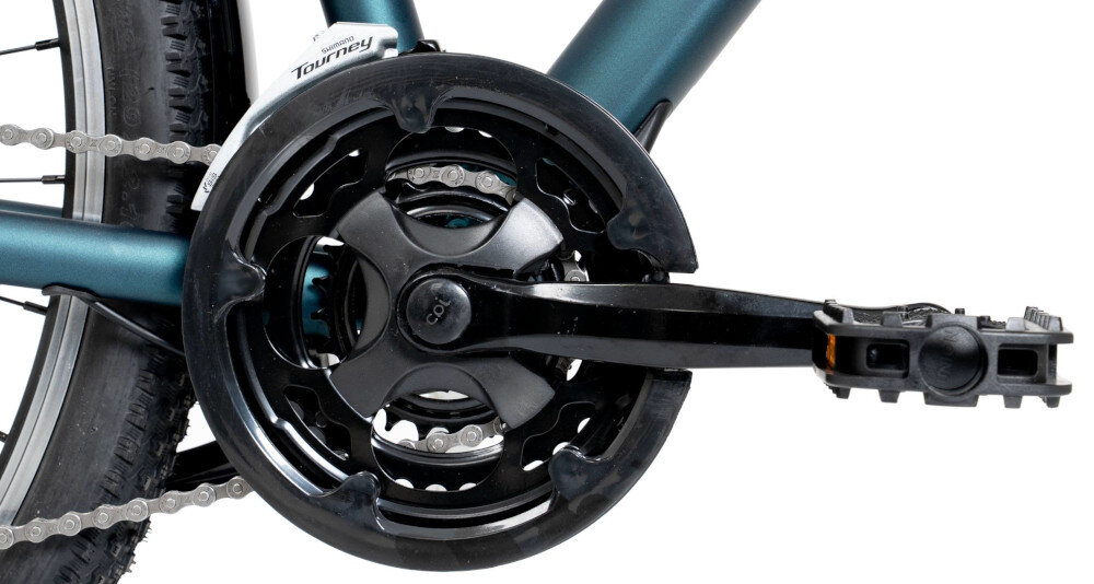 Rower trekkingowy ROMET Wagant SUV H PV B U18 28 cali Zielony zbliżenie na  korbę korba marki SHIMANO typu FC-TY501 8-rzędowy wolnobieg marki SRAM typu 11T płynna zmiana przełożeń i łatwe dopasowanie siły pedałowania do warunków terenu przyjemność i efektywność