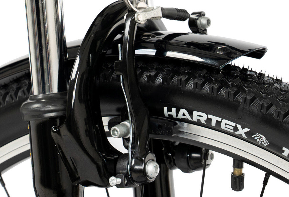 Rower trekkingowy ROMET Wagant SUV H PV A U20 28 cali Czarny zbliżenie na przedni hamulec podstawa bezpieczeństwa hamulce V-Brake lekkie duża siła hamowania hamulce z przodu i z tyłu podwójny pakiet bezpieczeństwa