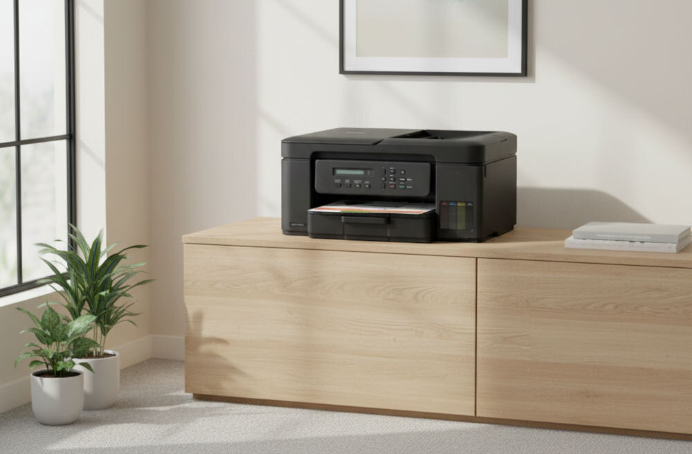 Urządzenie wielofunkcyjne BROTHER DCP-T735DW Druk w kolorze, Automatyczny druk dwustronny, Wi-Fi prezentacja urządzenia w jasnym pokoju na jasnej szafce obok duże wysokie okno