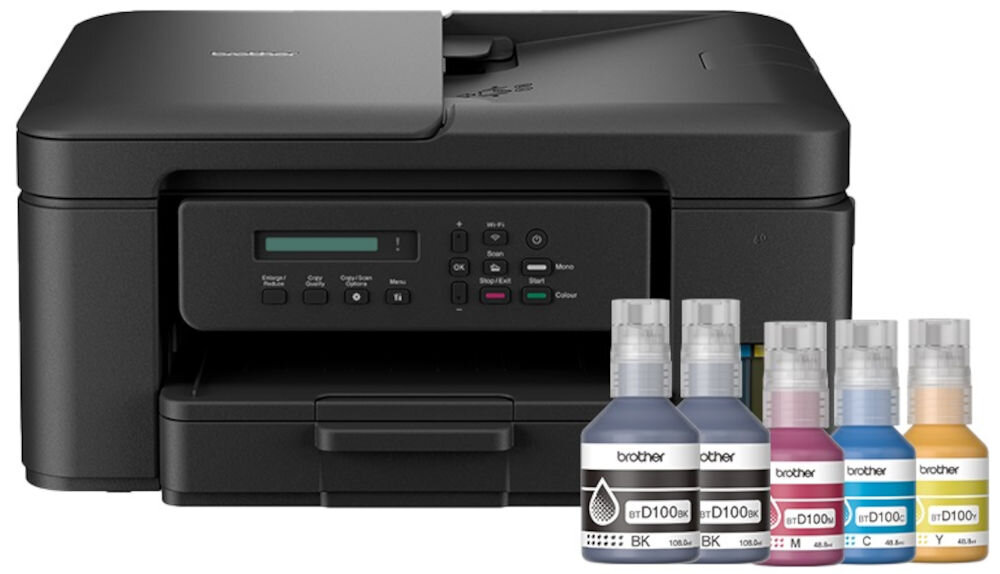 Urządzenie wielofunkcyjne BROTHER DCP-T735DW Druk w kolorze, Automatyczny druk dwustronny, Wi-Fi prezentacja drukarki i butelek z atramentem na białym tle pełne butelki w zestawie