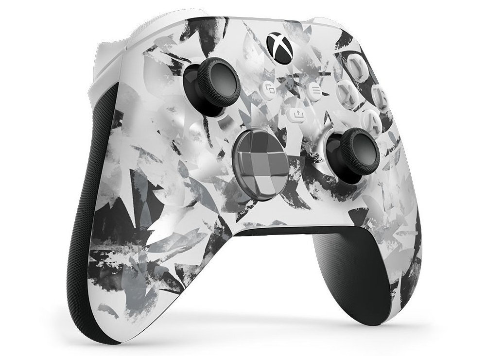Bezprzewodowy kontroler do gier z abstrakcyjnym wzorem w odcieniach szarości i czerni. Widoczne logo Xbox na górze urządzenia.