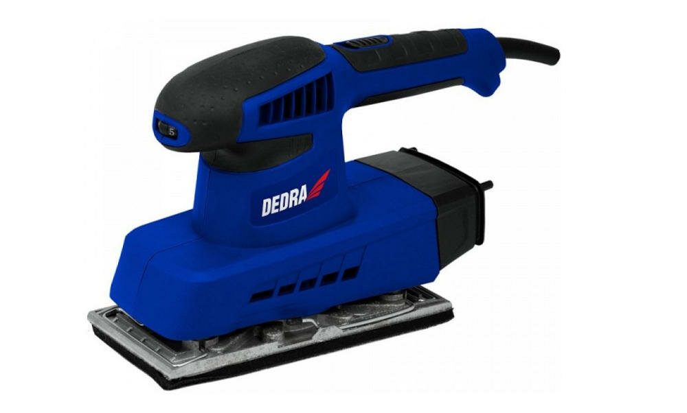 DEDRA-DED7943 szlifierka oscylacyjna szlifowanie sucho drobne elementy drewno tworzywa sztuczne metal elementy mocujące obróbka miękka ceramika regulowana prędkość pojemnik pył ergonomiczna rękojeść kabel zasilający