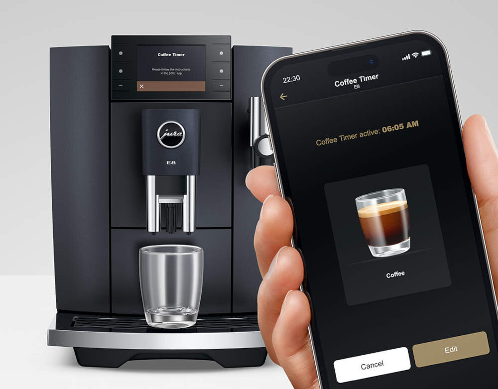 Ekspres JURA E8 Cosmic Black (ED) Łączność ze smartfonem z aplikacją mobilną kawa dopasowanie wygoda komfort