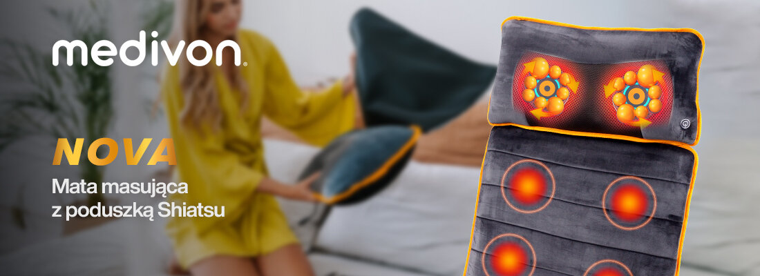 Na obrazie widoczna jest mata masująca z poduszką Shiatsu, z wyraźnie zaznaczonymi elementami masującymi. Obok znajduje się napis: \'medivon NOVA Mata masująca z poduszką Shiatsu\'.