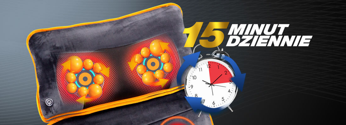 Obraz przedstawia matę masującą z widocznymi elementami masującymi w formie pomarańczowych kul. Obok znajduje się zegar z zaznaczonym czerwonym obszarem oraz tekst \'15 MINUT DZIENNIE\'.