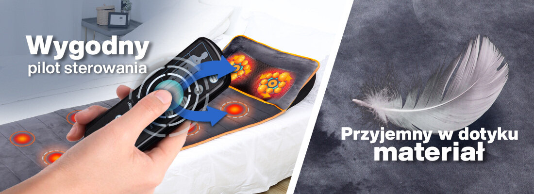 Obraz przedstawia matę masującą z podświetlanymi punktami oraz rękę trzymającą pilot sterowania. Tekst na obrazie: \'Wygodny pilot sterowania\' i \'Przyjemny w dotyku materiał\'.
