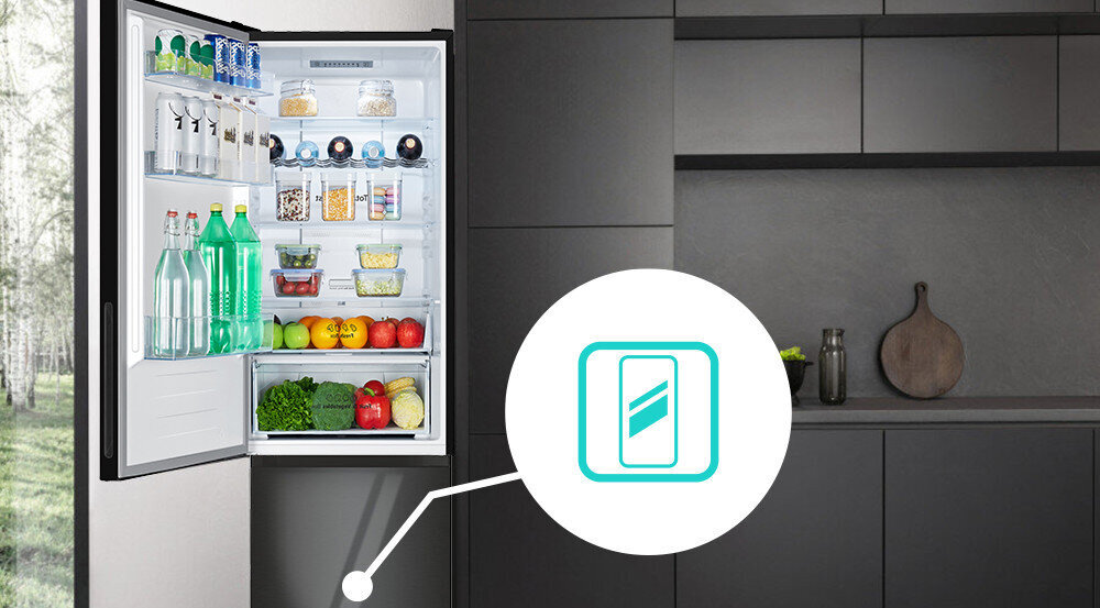 LODÓWKA HISENSE RB390N4GBE wizualizacja wnętrze półki szuflada produkty spożywcze napoje warzywa owoce ikona szklany front stylowy wygląd smukła sylwetka łatwe utrzymanie czystości