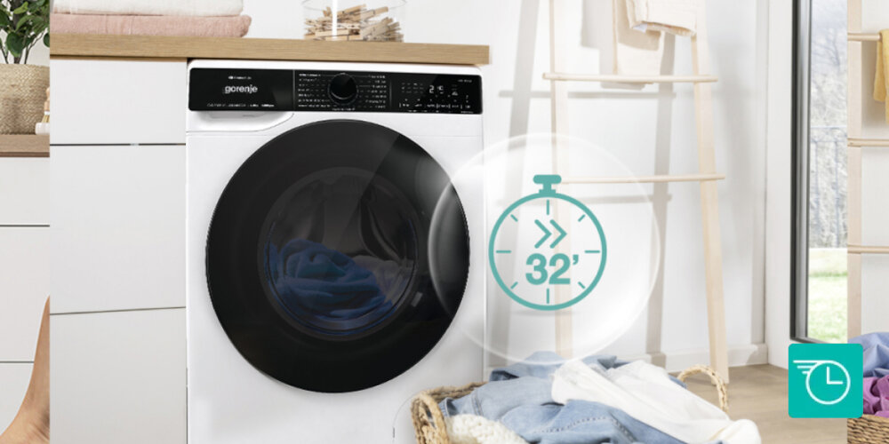 Pralka GORENJE W1PNA84A2TSWIFI/PL lifestyle front zamknięta panel sterowania ikona czas zegar programy czasowe szybkie intensywne 59'/32'/20' do mniejszych załadunków