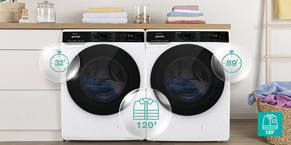 Pralka GORENJE W1PNA84A2TSWIFI/PL lifestyle dwa urządzenia obok siebie ikony czasowe zegar kosz na pranie ręczniki Pierz i susz w 2 godziny