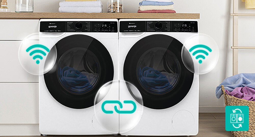 Pralka GORENJE W1PNA84A2TSWIFI/PL lifestyle dwa urządzenia ikony wifi kosz z praniem ręczniki Dry Sync dobór cyklu automatyczne przeniesienie programu z pralki do suszarki 