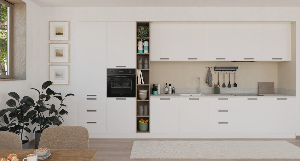 PIEKARNIK CANDY FIDCP N615 L front lifestyle wygląd kolor czarny kuchenna zabudowa piekarnik w oddali Szybkie nagrzewanie 180°C w zaledwie 3,5 minuty Cook Light Grill elektryczny Funkcja Pizza pojemność 65 litrów Chłodna szyba wnętrze pokryte emalią minimalizm elegancja klasa styl estyczny design